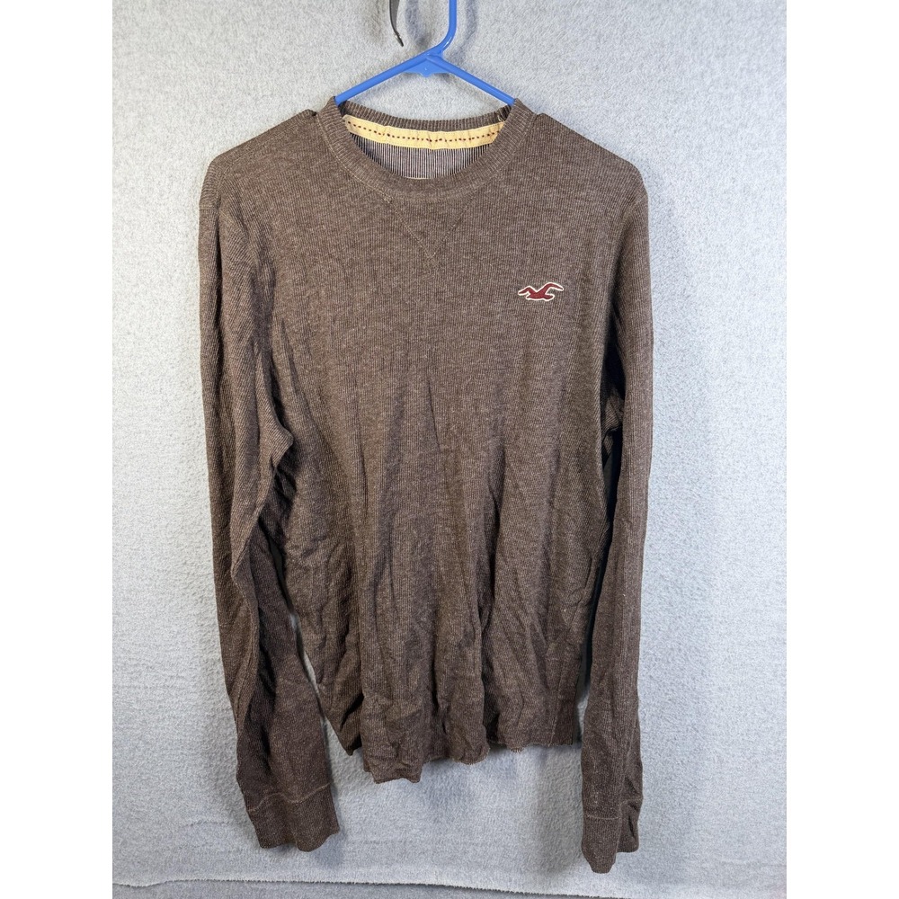 Hollister Sweater Mens Large Brown Waffle Knit Long Sleeve Logo Casual